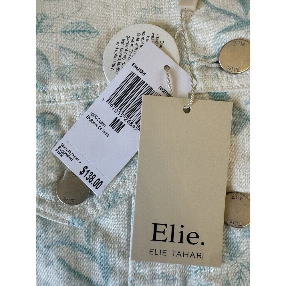 ELIE TAHARI Floral Denim Jacket Cropped Raw Hem White Blue Size M Cotton - Picture 8 of 16